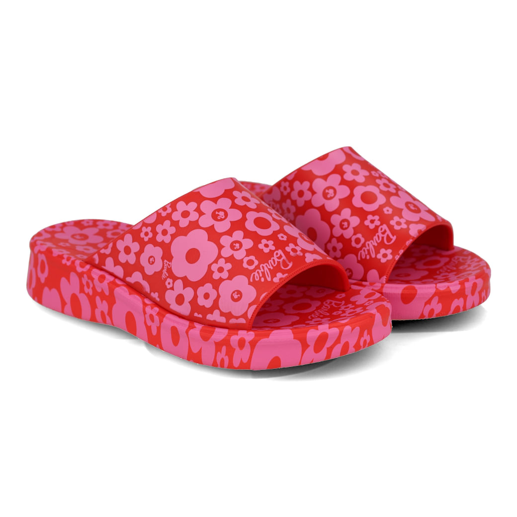 Tamanco infantil feminino Grendene Kids modelo Barbie vermelho com estampa floral rosa, vista lateral direita
